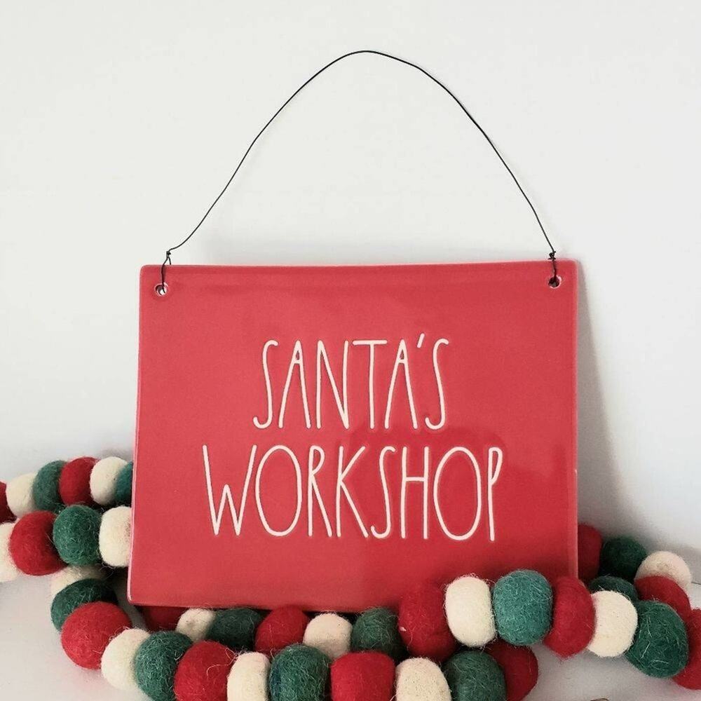 Rae Dunn Christmas Santa's Workshop Red Ceramic Sign